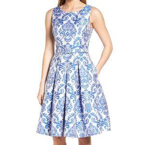 ELIZA J JACQUARD FIT AND FLARE DRESS BLUE IVORY
